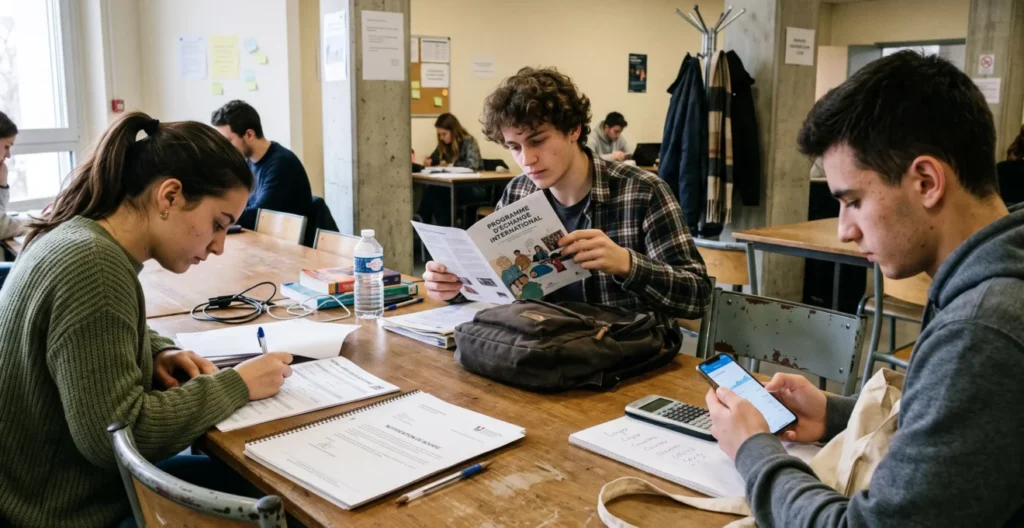 Trois étudiants assis à une table universitaire : l'une remplit un dossier de bourse, un autre consulte une brochure de programme d'échange, le troisième vérifie ses finances sur son smartphone. Trois étudiants assis à une table universitaire : l'une remplit un dossier de bourse, un autre consulte une brochure de programme d'échange, le troisième vérifie ses finances sur son smartphone.