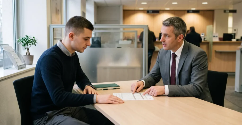 Un jeune diplômé assis à un bureau avec un conseiller bancaire dans une agence française, qui lui explique un document de tarification. Un jeune diplômé assis à un bureau avec un conseiller bancaire dans une agence française, qui lui explique un document de tarification.